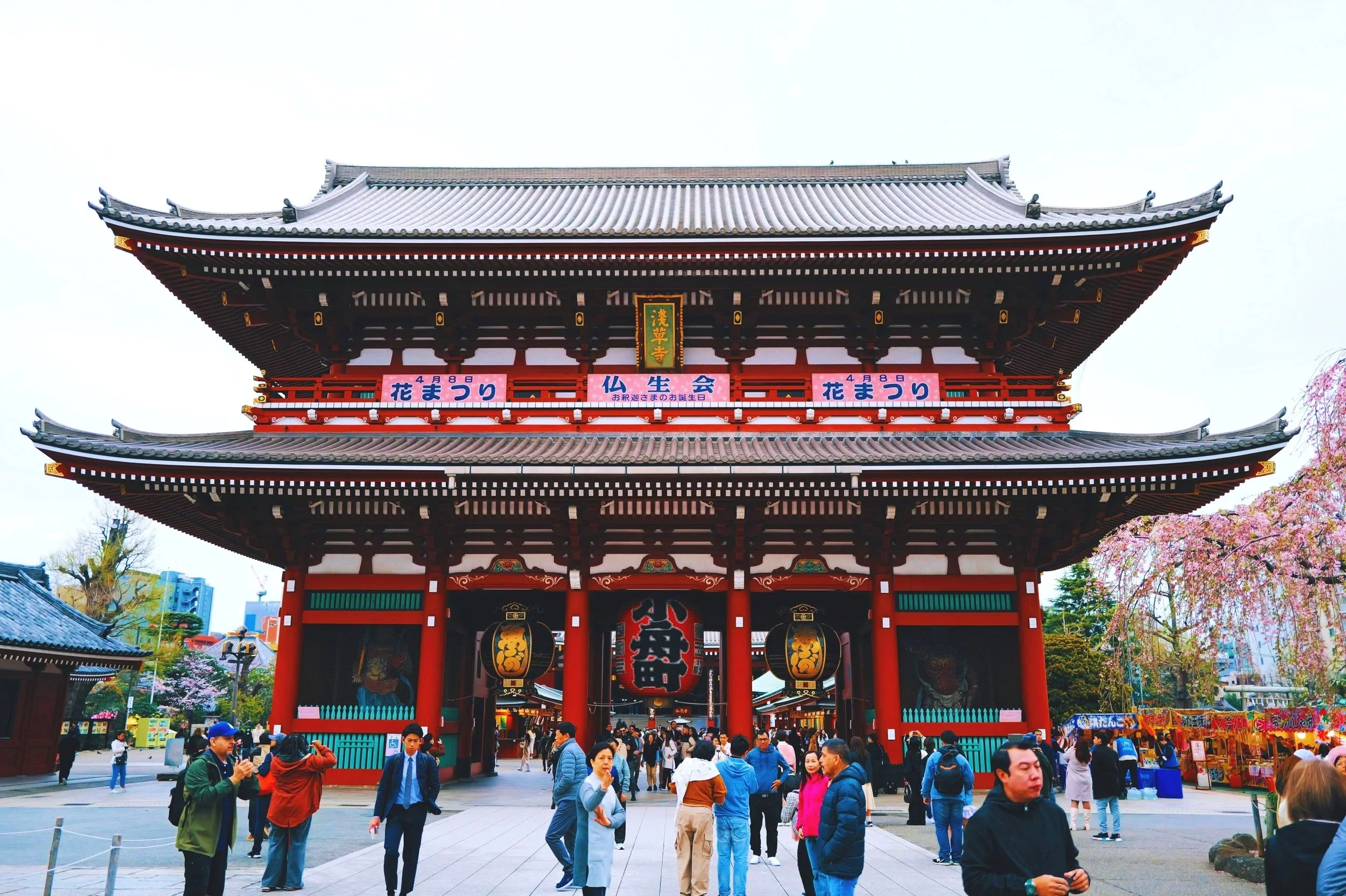 Une porte de temple japonais rouge et noire avec des gens qui passent devant lors d'une fête de fleurs de cerisier.