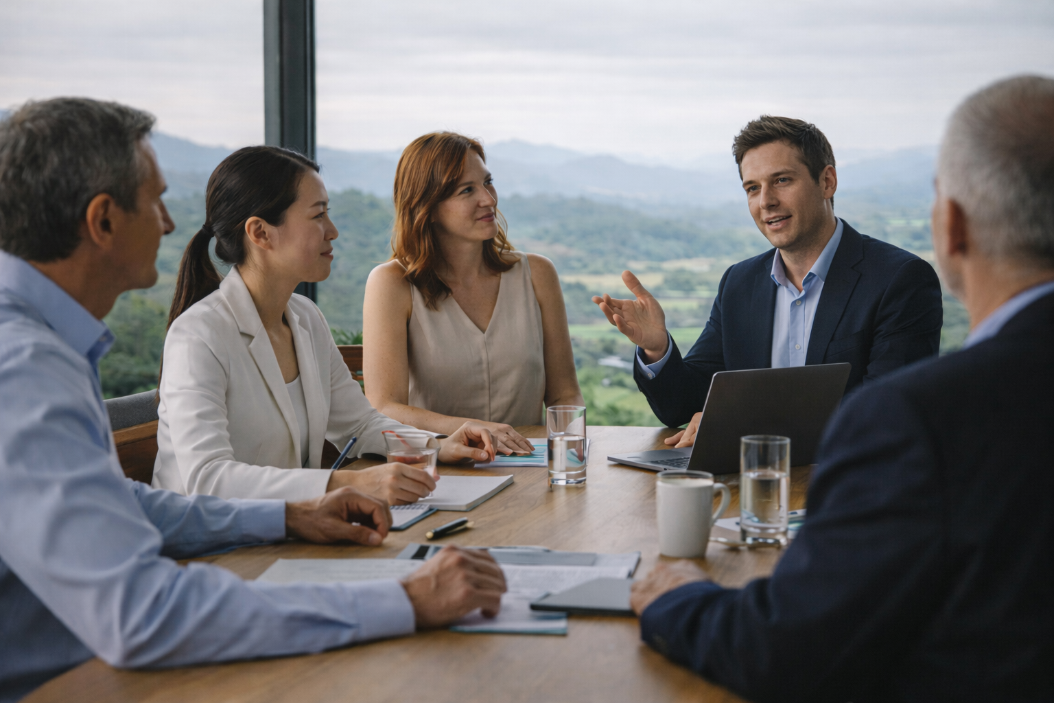 Business meeting with five professionals at a conference table in a room with a view of mountains and greenery.