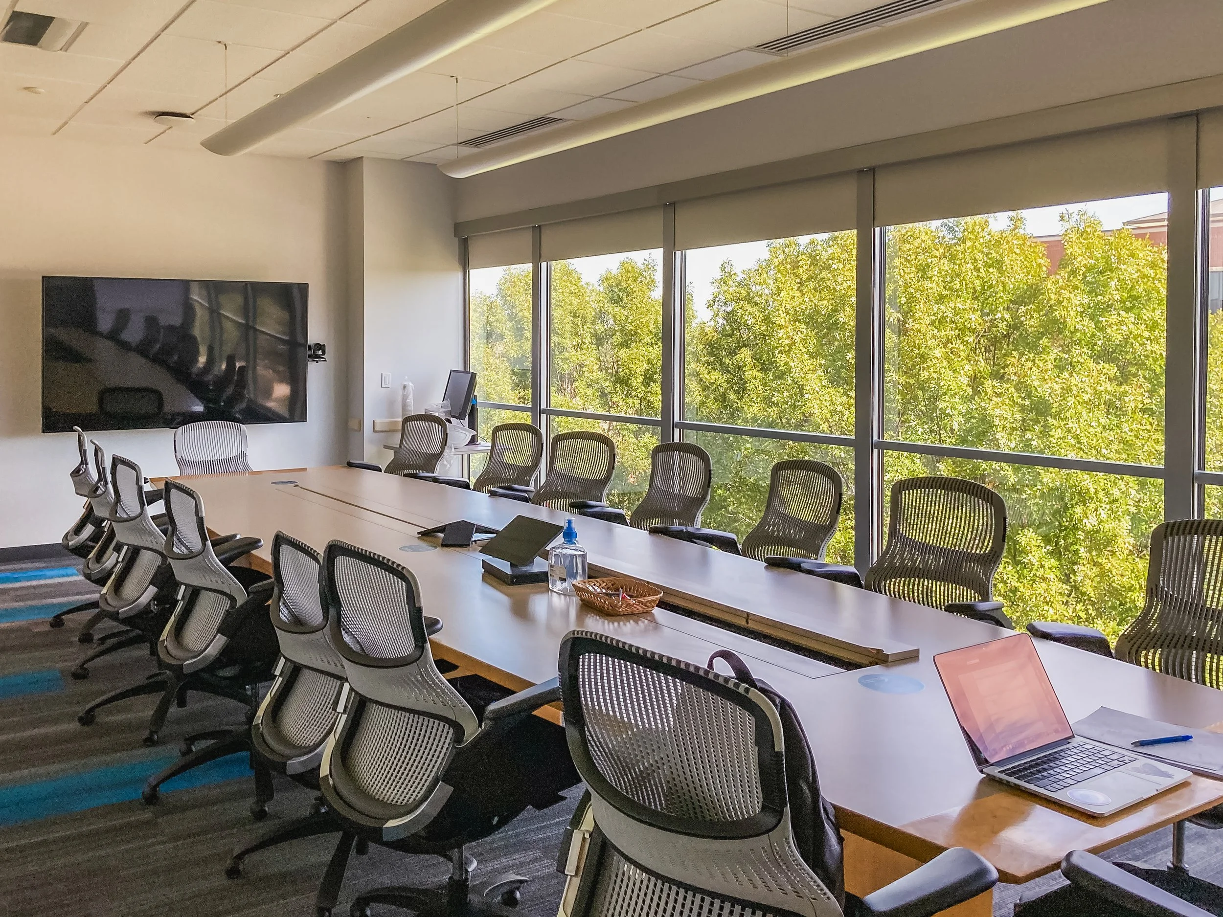 A conference room with a long table surrounded by mesh office chairs. The room has large windows with a view of green trees outside, and there is a large monitor on the wall at one end.