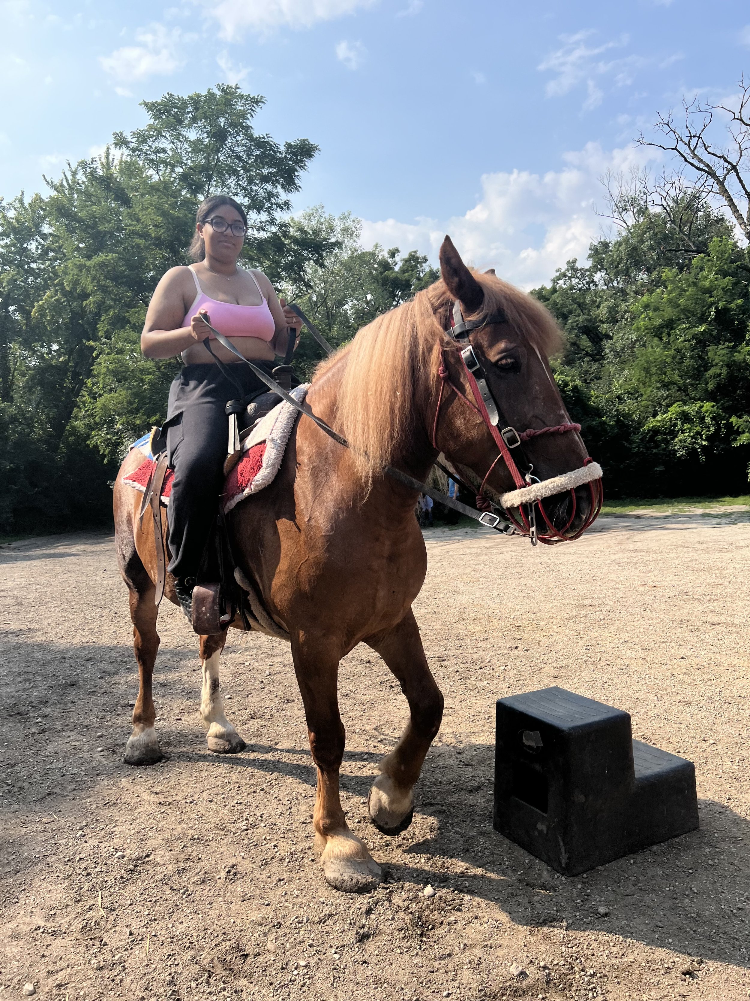 A woman with glasses and a pink sports bra riding a chestnut horse with a flowing mane on a dirt path surrounded by green trees under a blue sky with clouds.