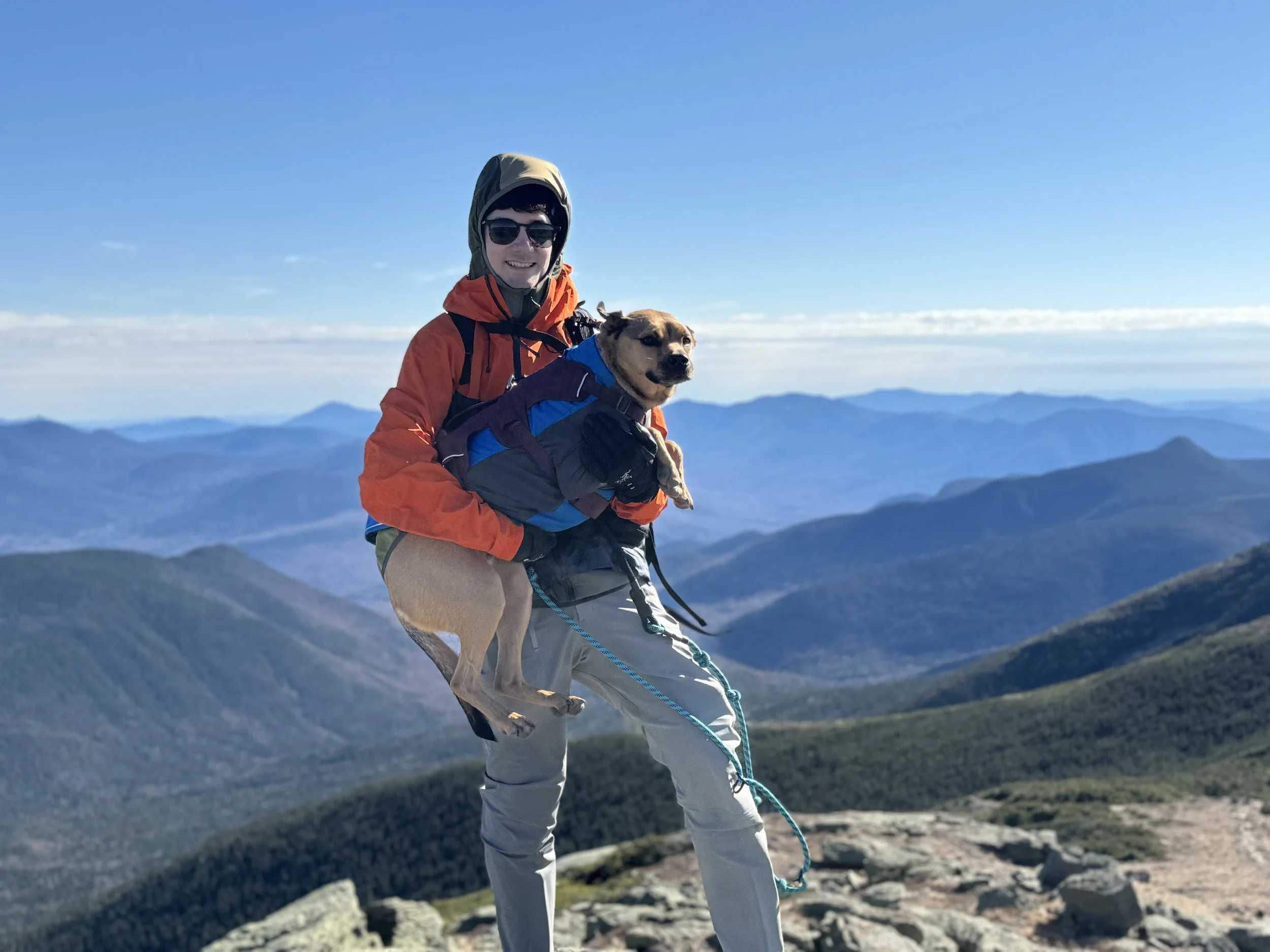 A person with sunglasses and a hooded jacket holding a dog while standing on a mountain summit with a sweeping view of mountain ranges and a clear blue sky in the background.