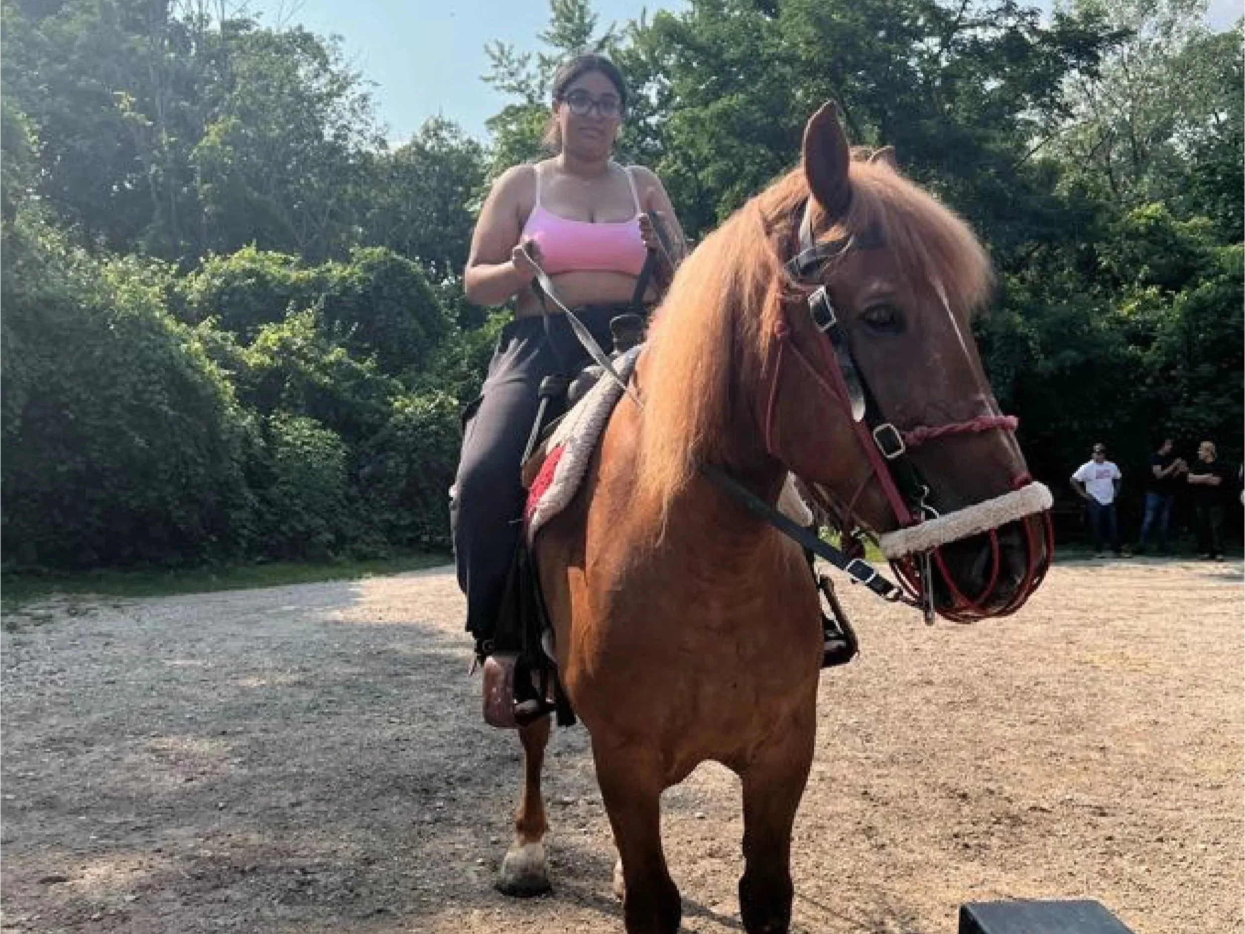 A woman riding a brown horse with a white snip on its nose outdoors with green trees in the background.