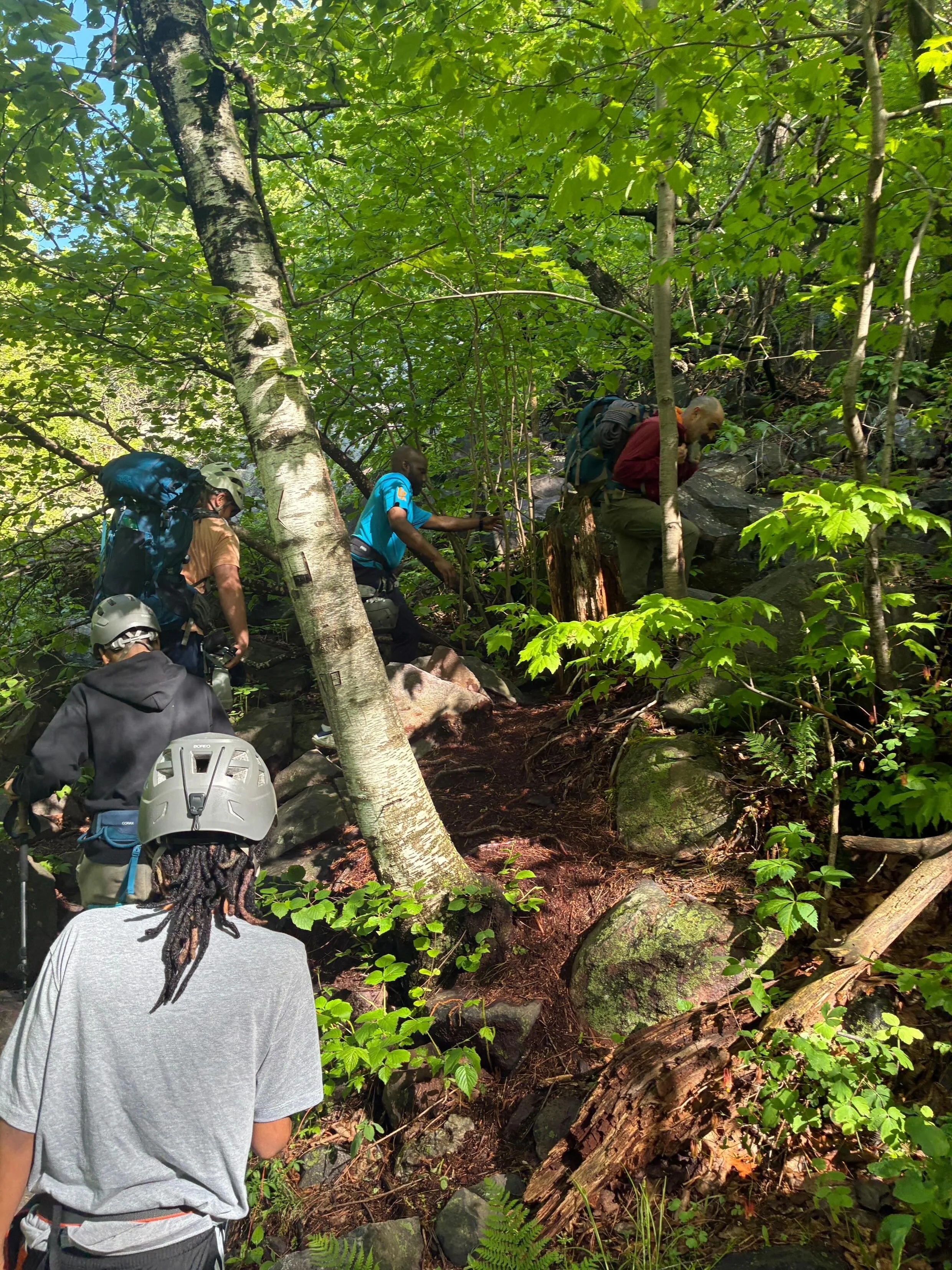 Three people wearing backpacks and helmets hiking through a dense, green forest with trees, rocks, and fallen logs.