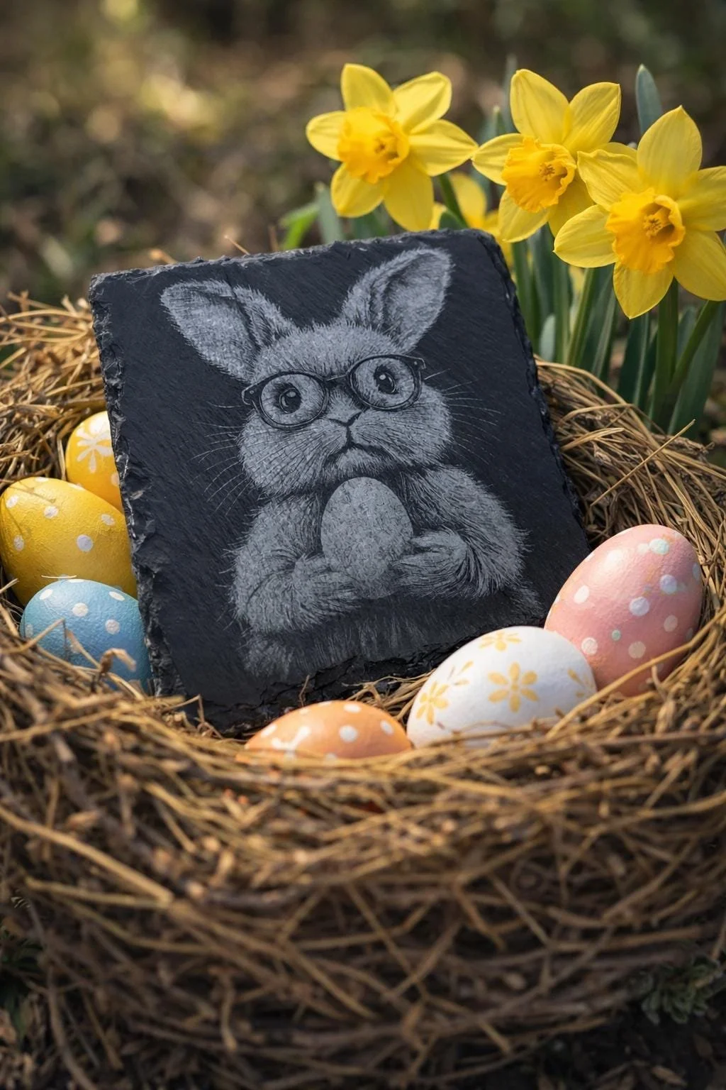 Ostern- Gravierte Schieferplatte 10x10cm - Oster Motive