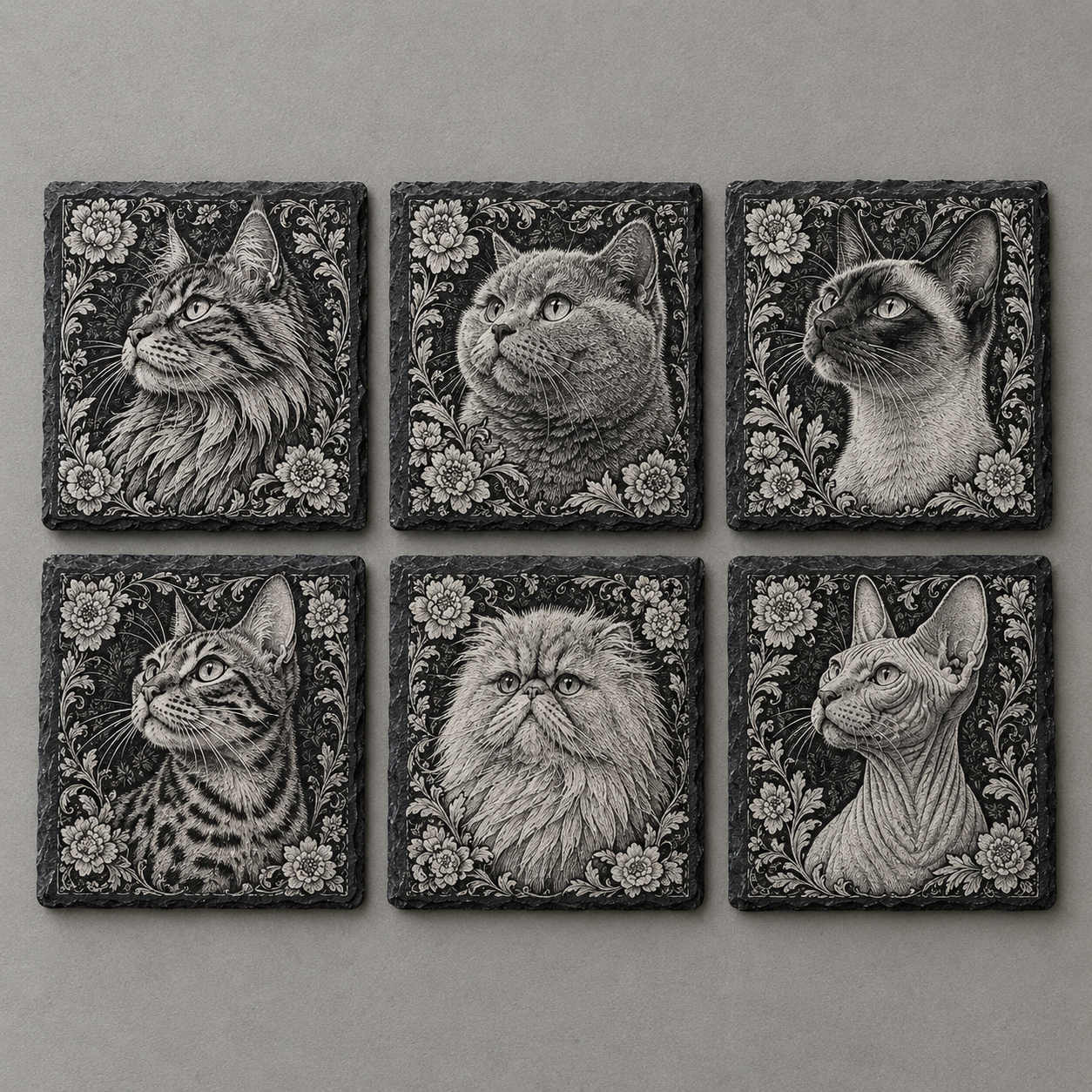 Schieferplatte mit Katzenmotiv - Botanical Style