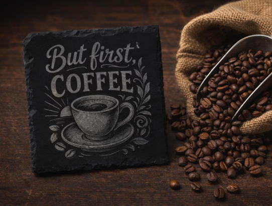 Schiefertafel 10x10cm - But first Coffee