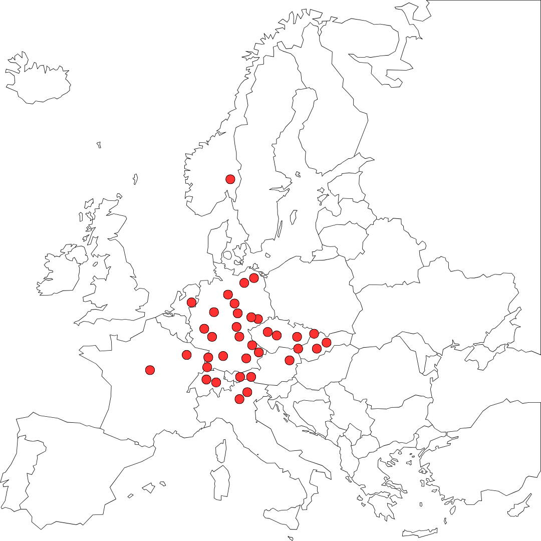 Map of Europe with red dots marking specific locations across several countries.