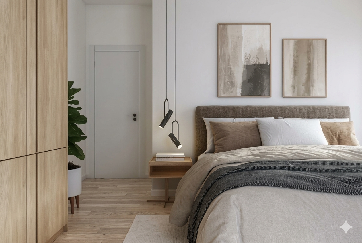 Beautifully styled bedroom with neutral tones and refined art — presented for sale