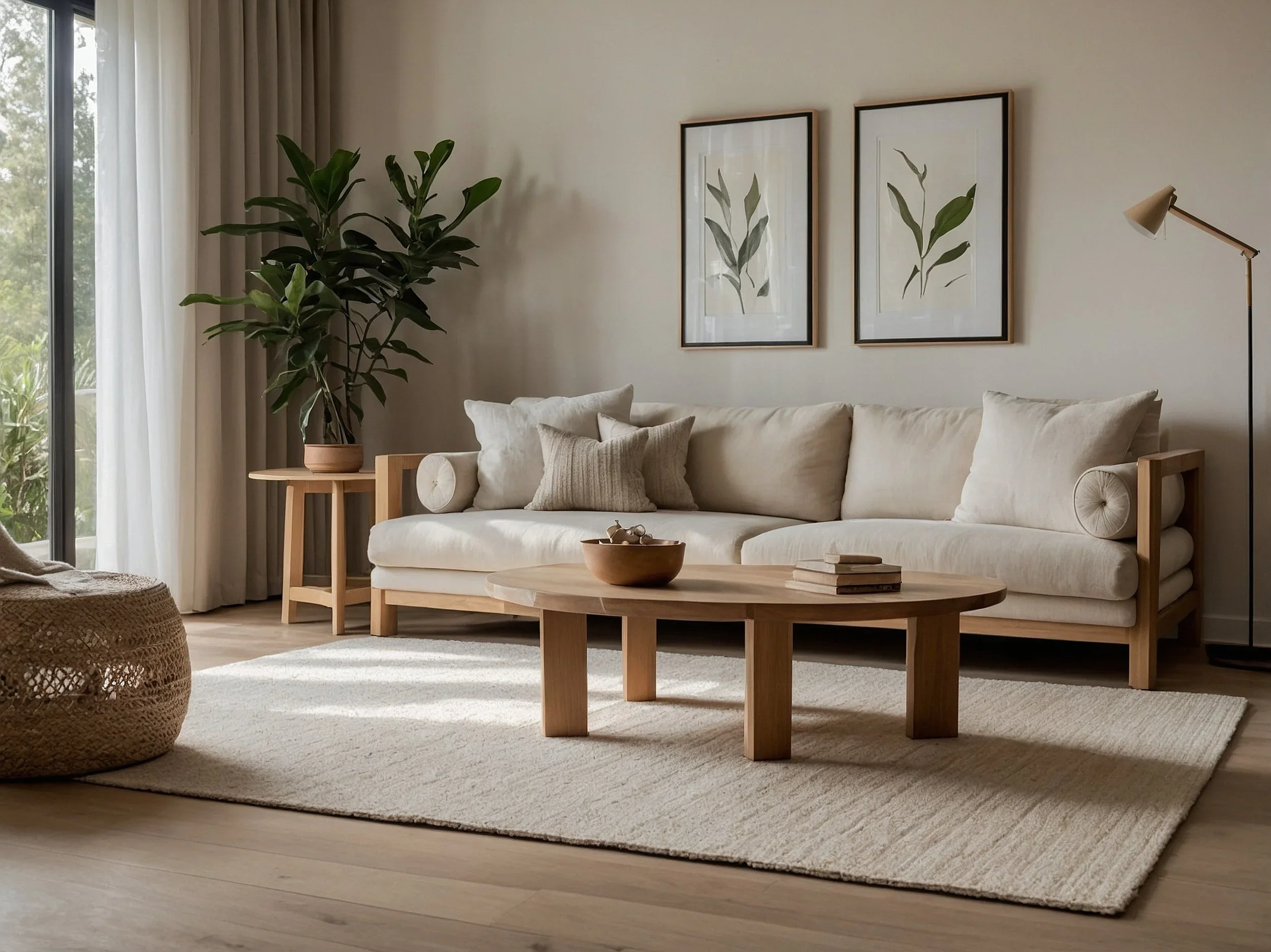 Calm, organised living room in a Melbourne home with considered styling and clear surfaces