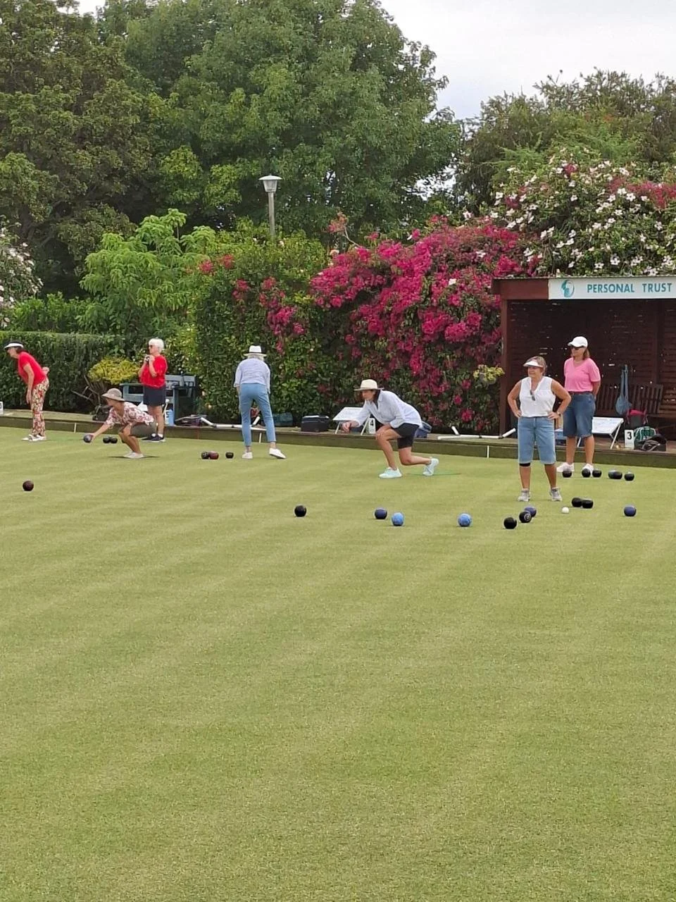 Women playing lawn bowls on a green, with some women in white and pink hats, surrounded by colorful bushes and trees in the background.