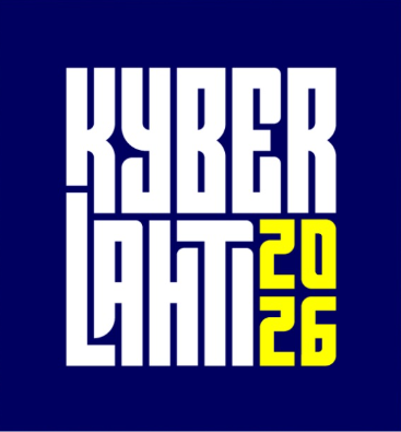 Kyberlahti tapahtuman logo vuodelta 2024, teksti valkoisella ja keltaisella tummansinisellä taustalla.