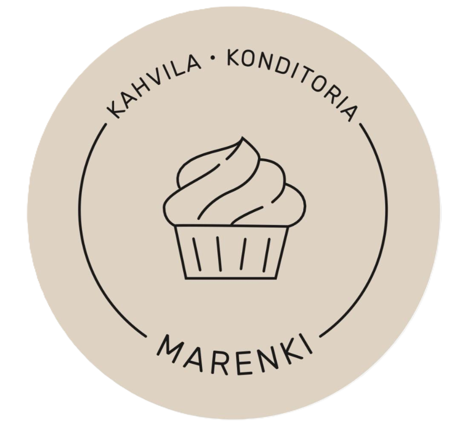 Kahvila-konditoria MARENKI -logo, jossa keskellä piirrosmuffinssi.