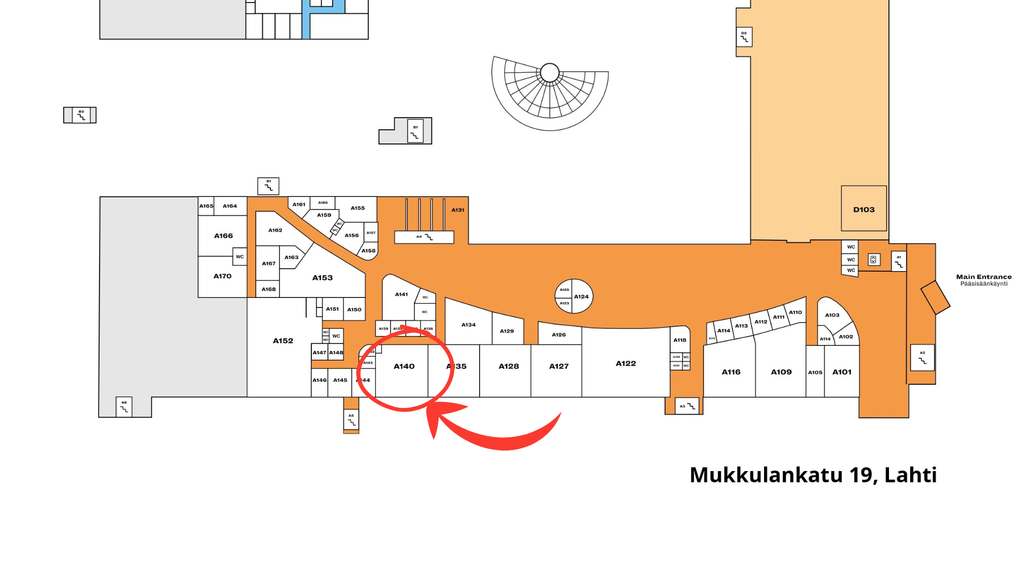 Kuva kartasta, jossa korostetaan Labticin toimistotilaa M19_A140 LAB-ammattikorkeakoulun Mukkulankadun kampuksella.