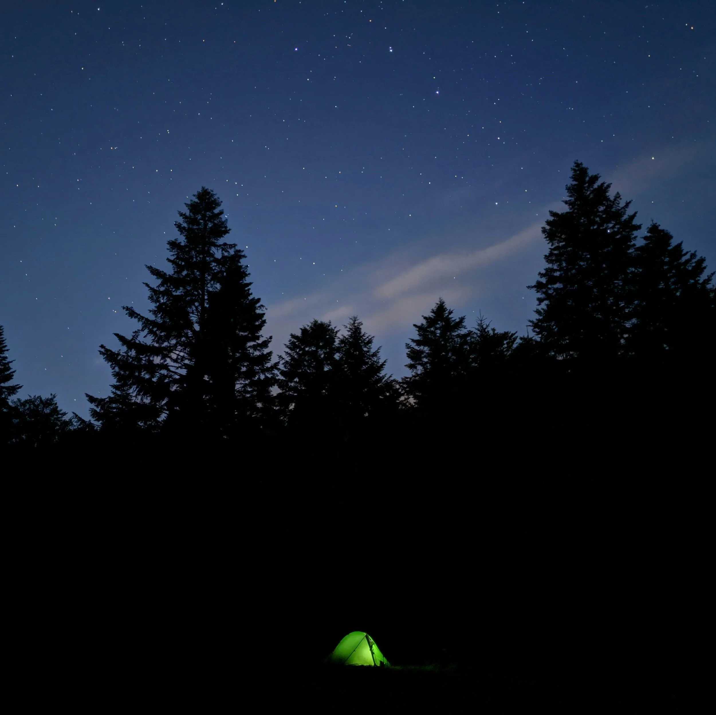 Nighttime scene with a glowing green tent set up in a forest clearing, tall trees silhouetted against a starry sky with some clouds passing overhead.