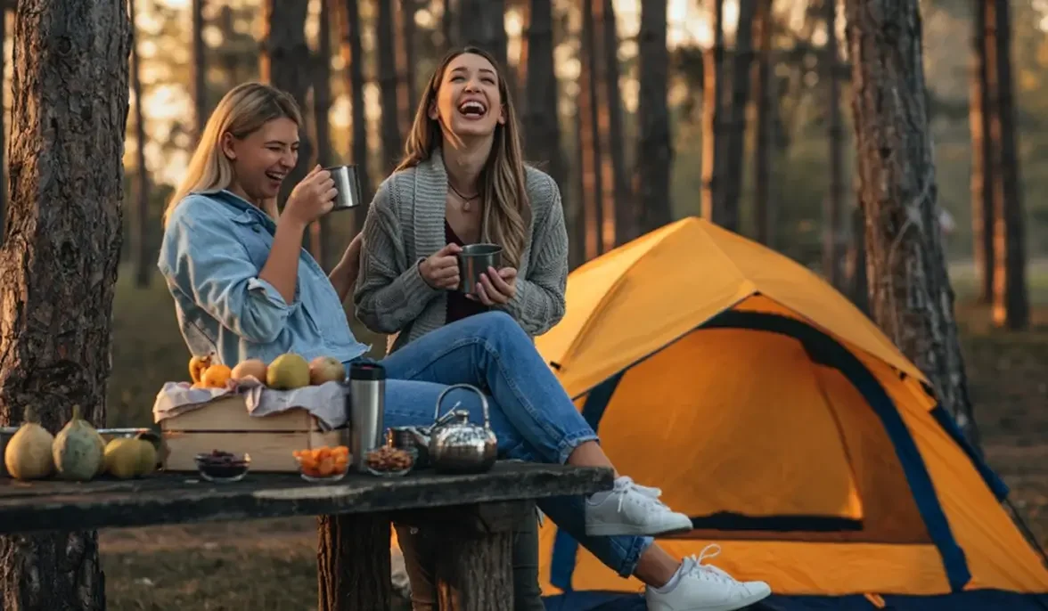 Two young women sitting by a campsite, laughing and holding mugs, with a yellow tent in the background and a table with food and drinks, during sunset in a forest.