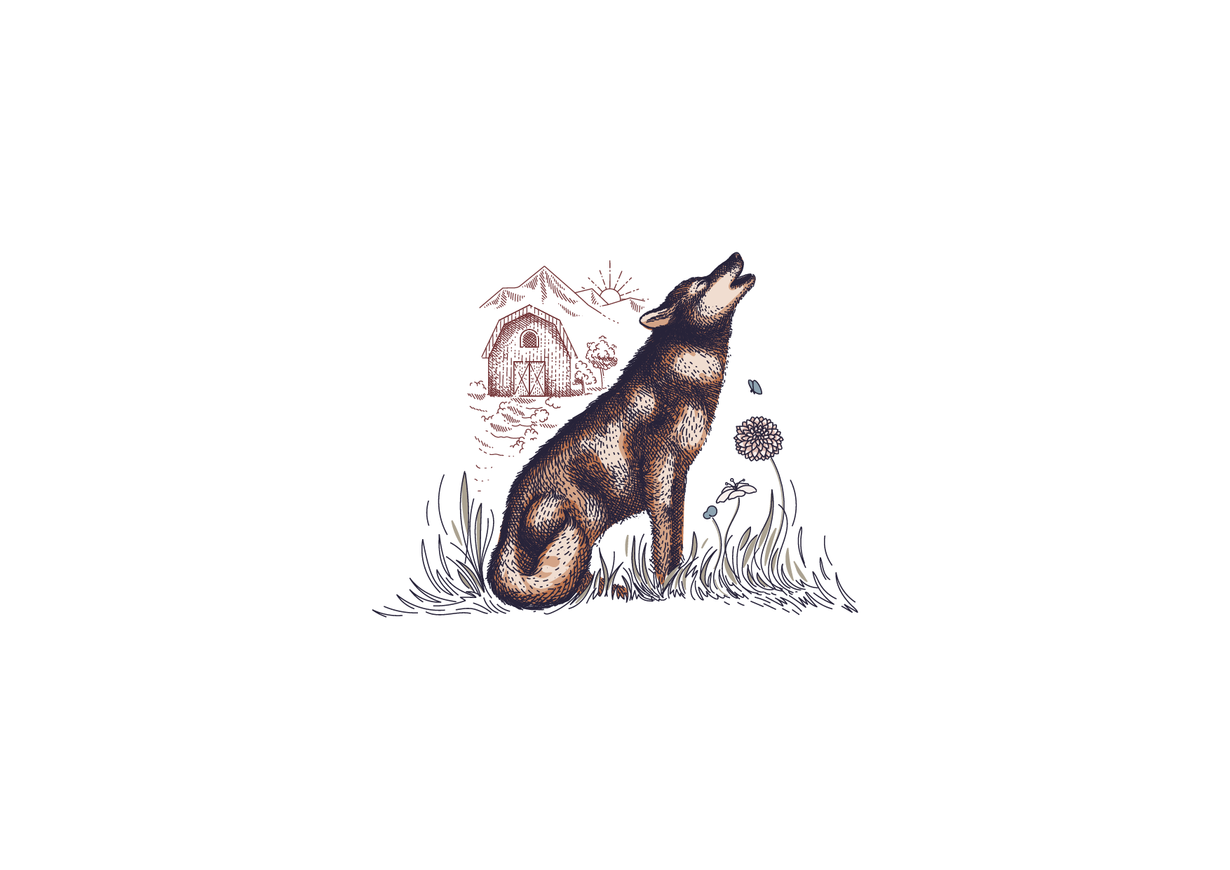 Illustration of a howling wolf sitting in grass with flowers, a barn, mountains, and the sun in the background.