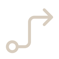 A white navigation icon of a curved arrow pointing to the right, with a circle at the start of the arrow, on a black background.