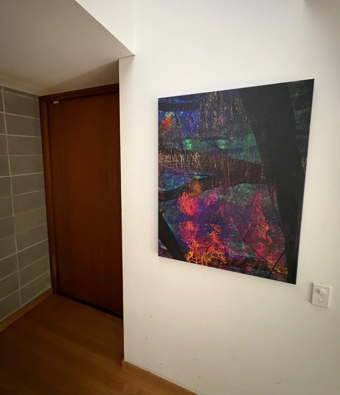 Abstract artwork "INTO THE FRAY" in home setting