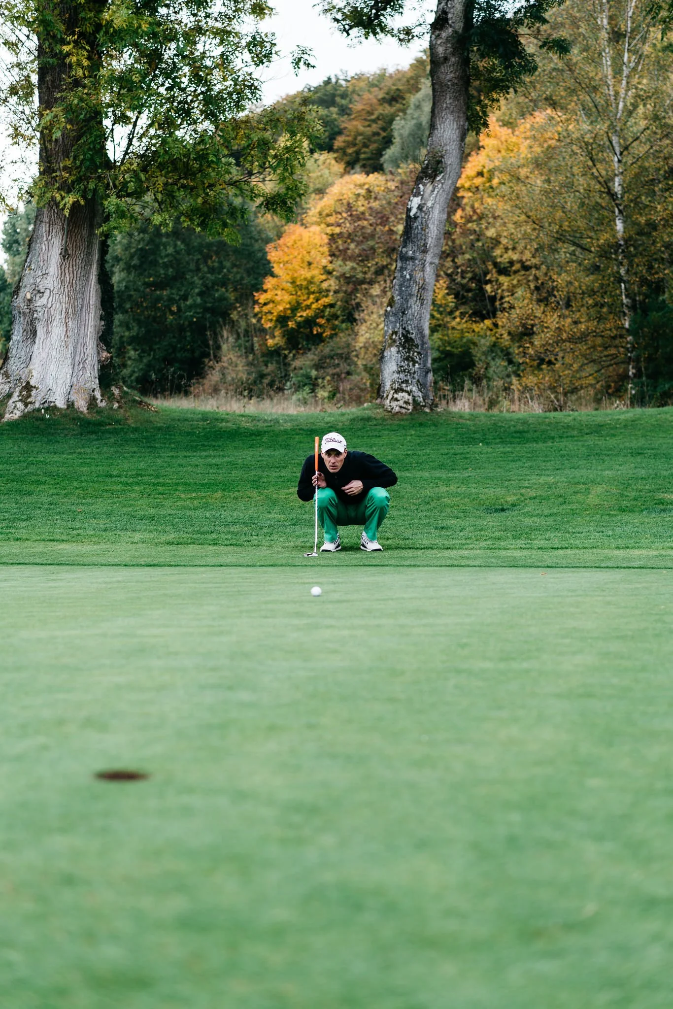 A golfer crouching on a putting green, preparing to hit a golf ball towards the hole, with trees in autumn foliage in the background.