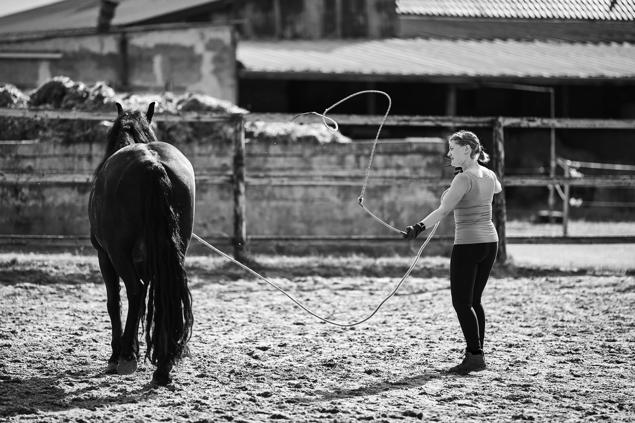 A woman wearing a tank top and leggings is playing with a horse in an outdoor riding arena. The woman is holding a lunge line attached to the horse's bridle. The setting includes fencing and a building with a sloped roof in the background.
