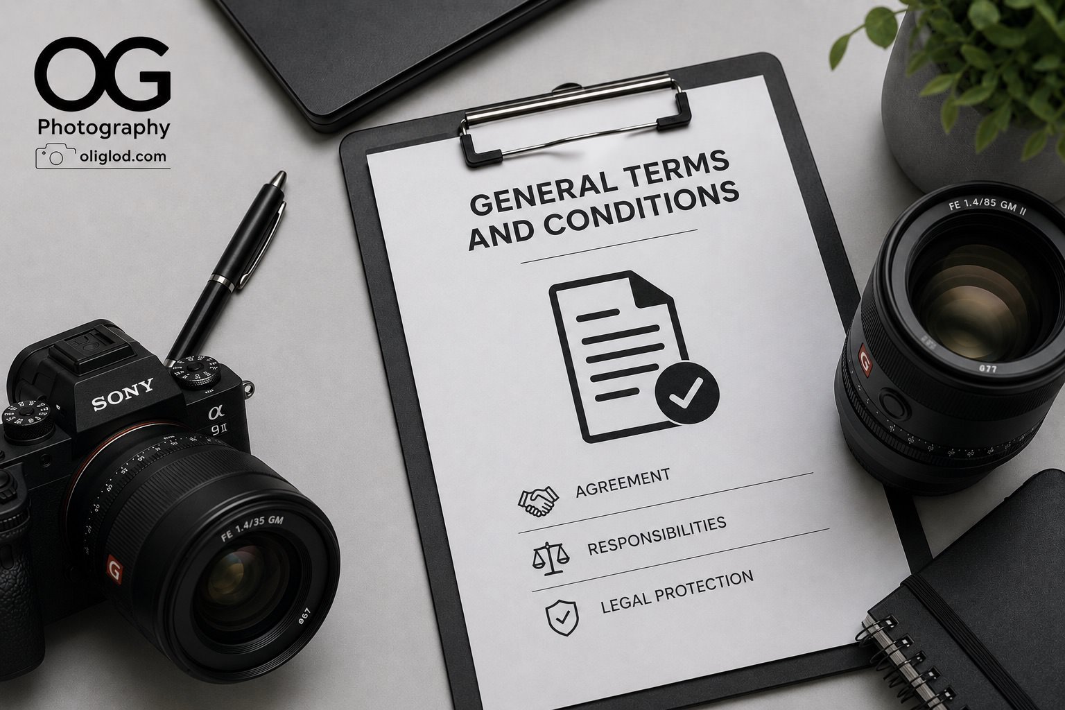 A desk setup with Sony camera, a camera lens, a pen, a closed notebook, a clipboard with a document titled 'General Terms and Conditions'—featuring icons and checkmarks for agreement, responsibilities, and legal protection—and a potted plant.