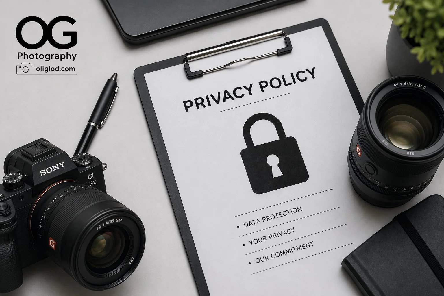 A desk with a privacy policy document on a clipboard, two cameras, a pen, a laptop, and a potted plant.