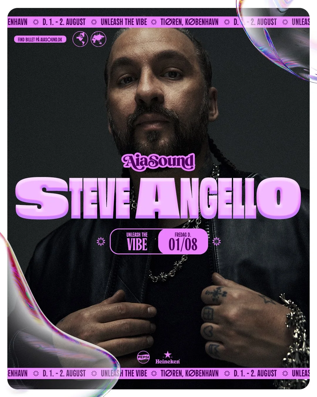 Promotional poster for an event featuring Steve Angello, with info on dates, location, and sponsors, including Pepsi and Heineken, in bold pink and purple text on a dark background.