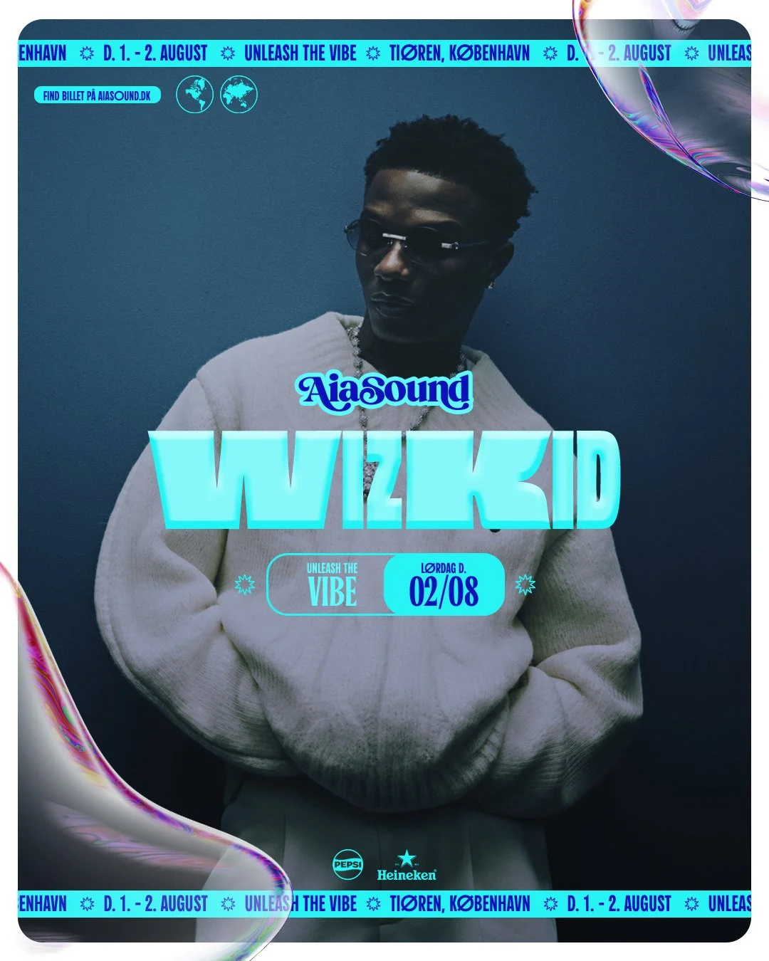 A promotional poster for an event called AiASound Wizkid, scheduled for August 2nd. The poster features a person wearing sunglasses and a white sweater, with a dark blue background and neon blue text and graphics.