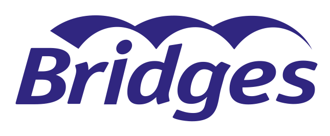 Logo of Bridges organization featuring a stylized bridge with arches and the word 'Bridges' in blue.