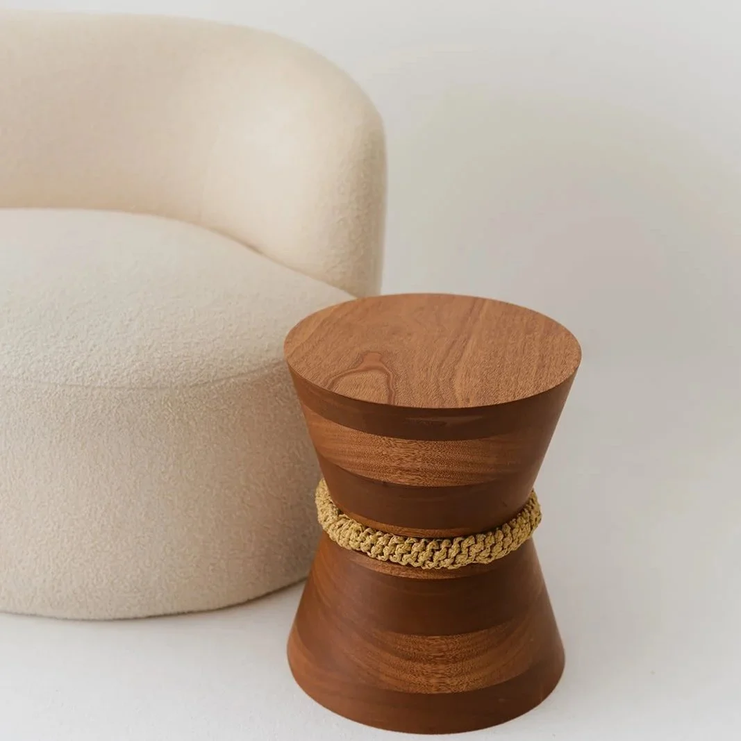 Libra handmade conical side table in solid mahogany wood with hand-woven raffia braid detail