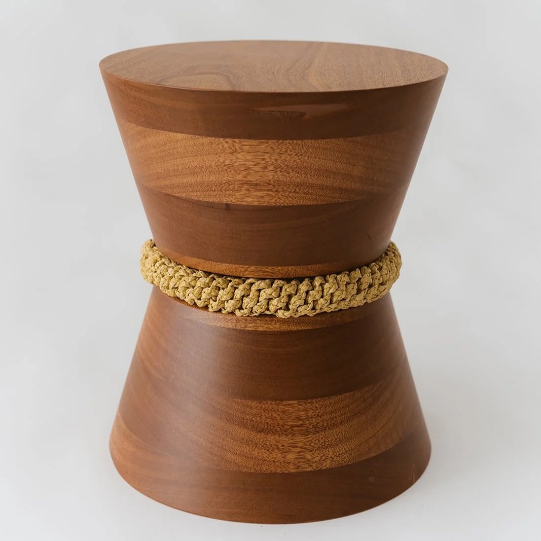 Libra handmade conical side table in solid mahogany wood with hand-woven raffia braid detail