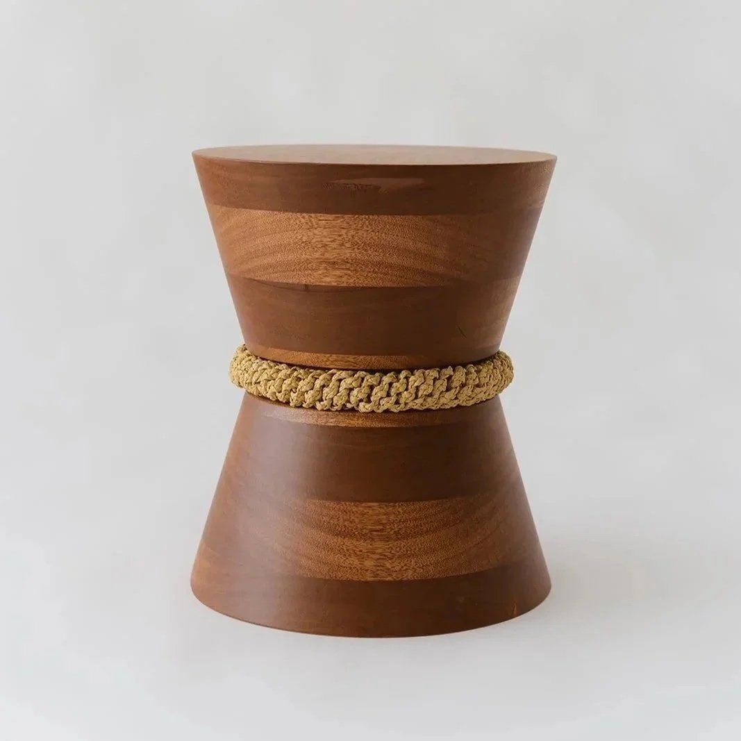 Libra handmade conical side table in solid mahogany wood with hand-woven raffia braid detail