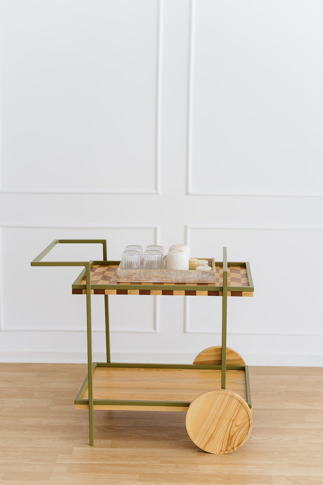 Barone handmade bar cart in ash and mahogany wood with geometric woodwork detail