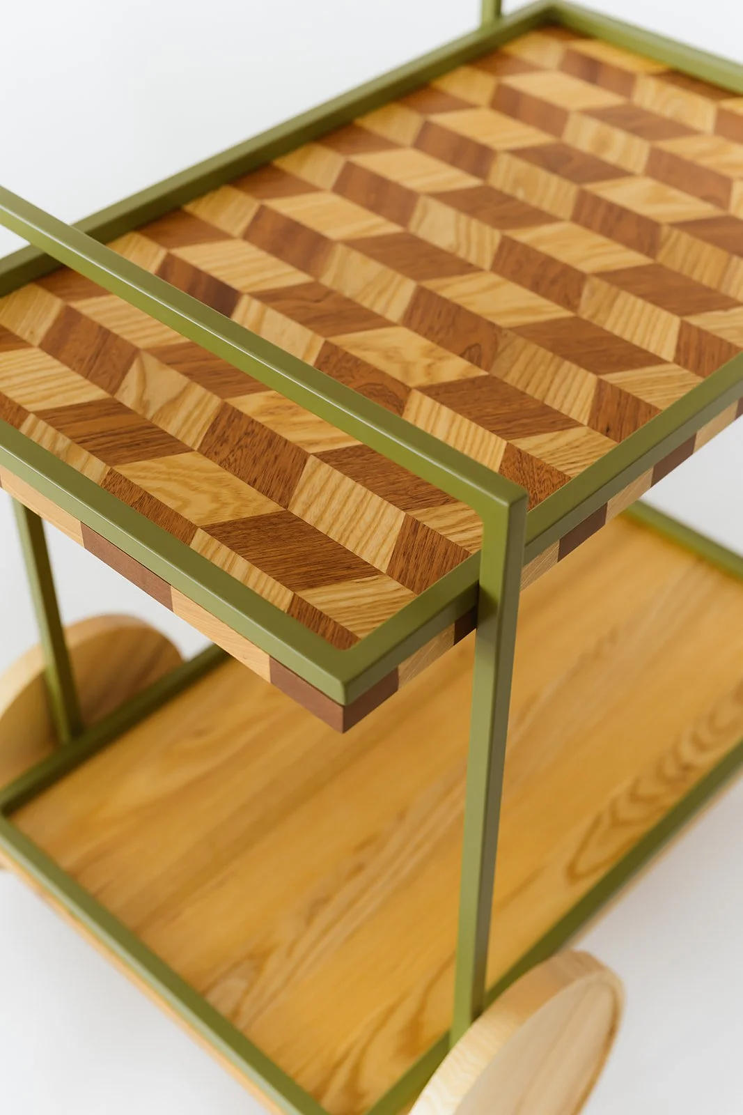 Barone handmade bar cart in ash and mahogany wood with geometric woodwork detail