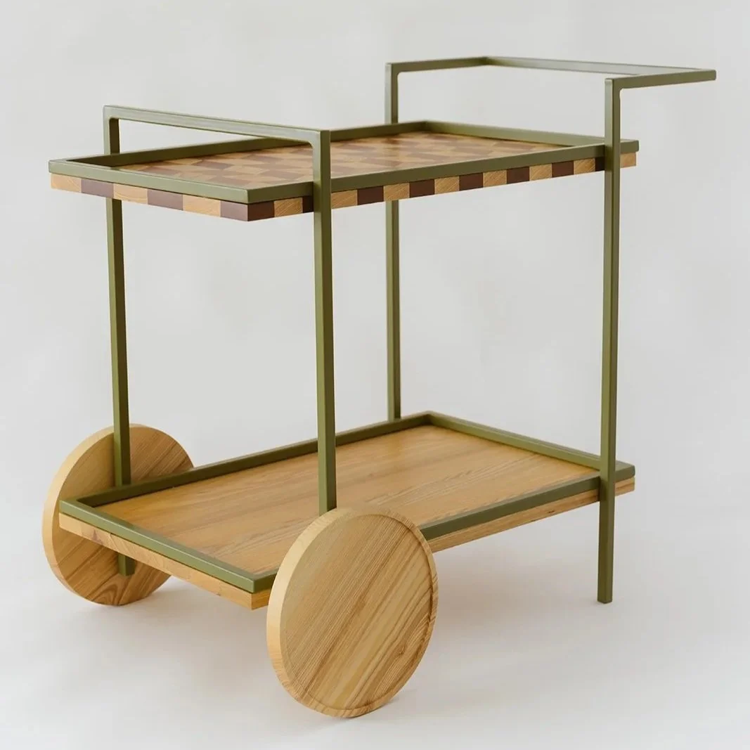 Barone handmade bar cart in ash and mahogany wood with geometric woodwork detail