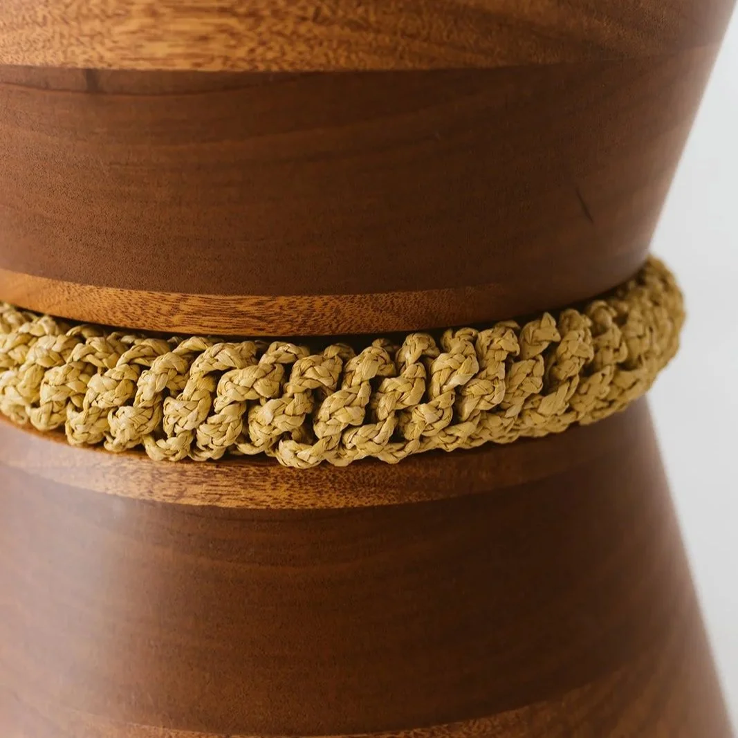 Libra handmade conical side table in solid mahogany wood with hand-woven raffia braid detail