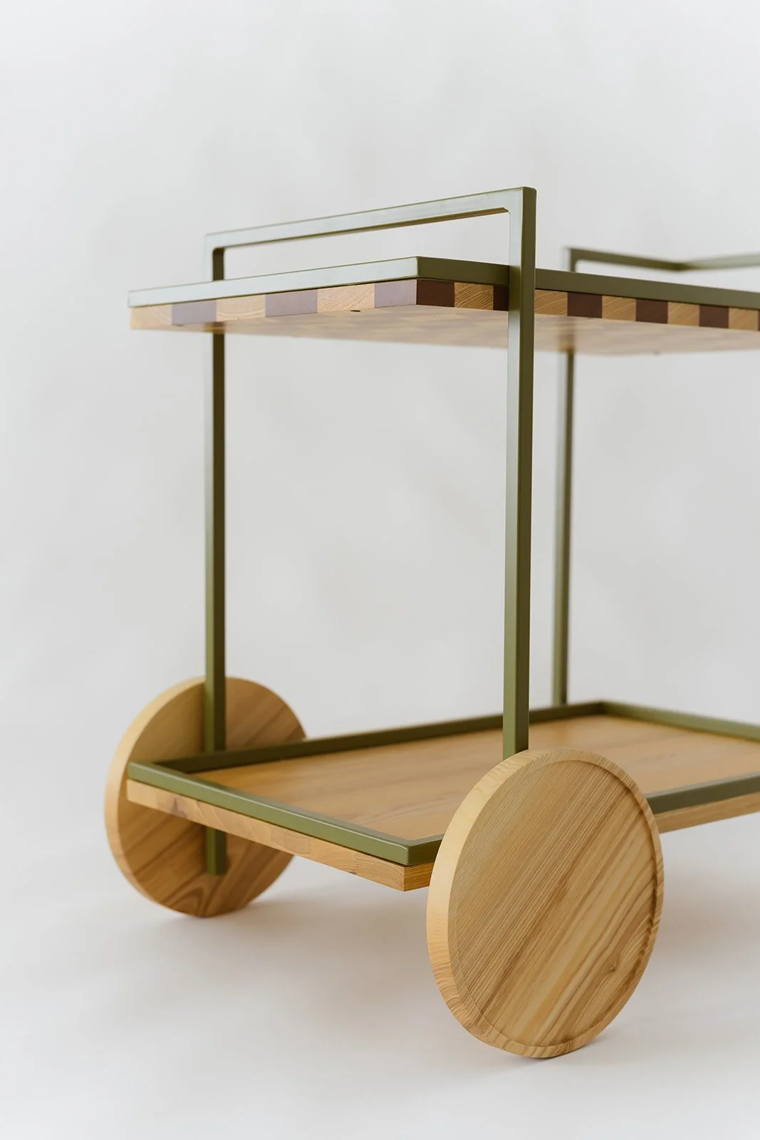 Barone handmade bar cart in ash and mahogany wood with geometric woodwork detail