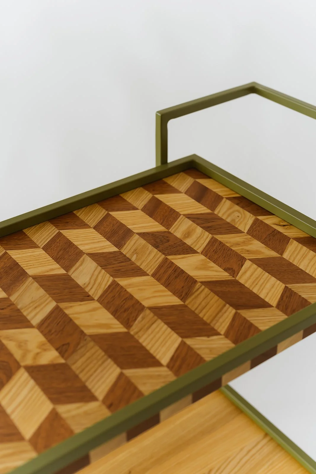 Barone handmade bar cart in ash and mahogany wood with geometric woodwork detail