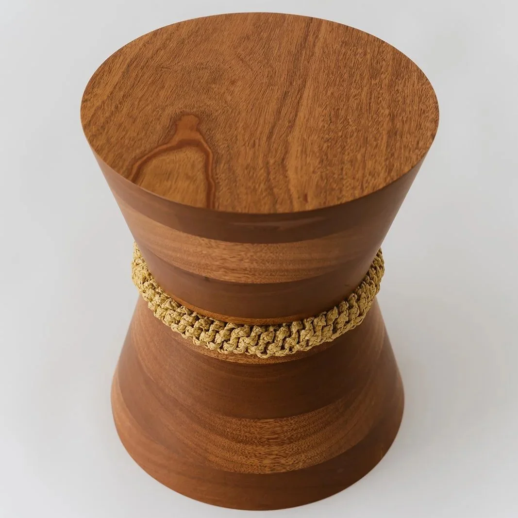 Libra handmade conical side table in solid mahogany wood with hand-woven raffia braid detail