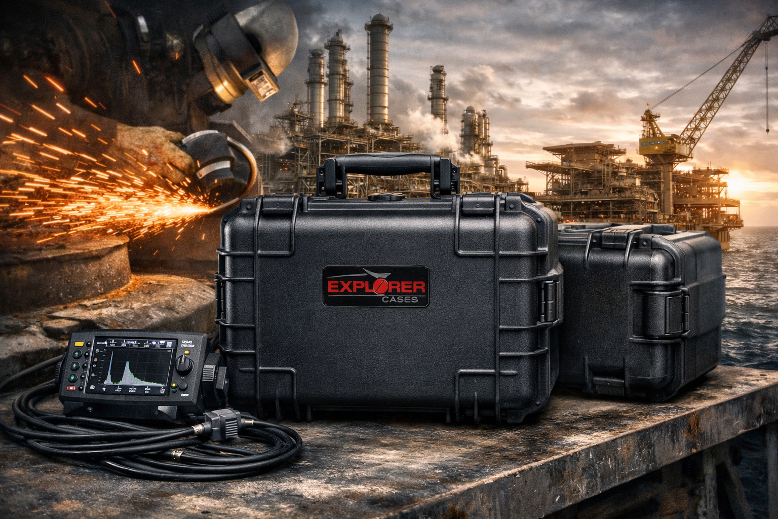 Robuste Explorer Cases på metallbenk med NDT‑utstyr og offshore‑plattform i bakgrunnen.