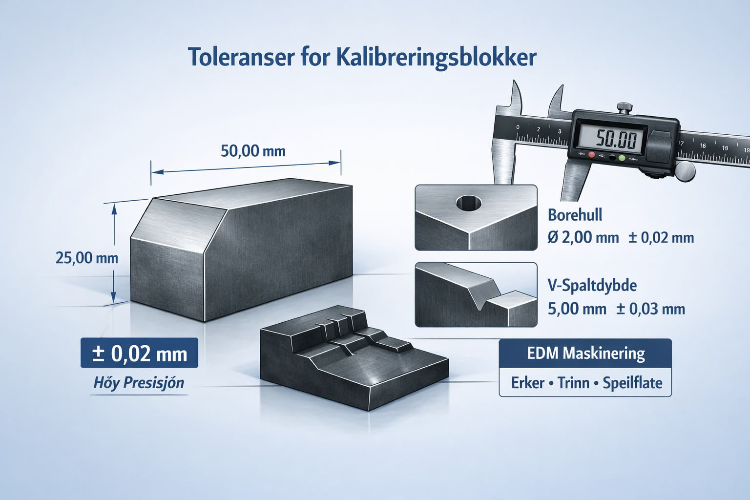 Skjermbilde av diagram om toleranser for kalibreringsblokker, med måleenhet digital mikrometersnor, og ulike metallblokker med mål og toleranser