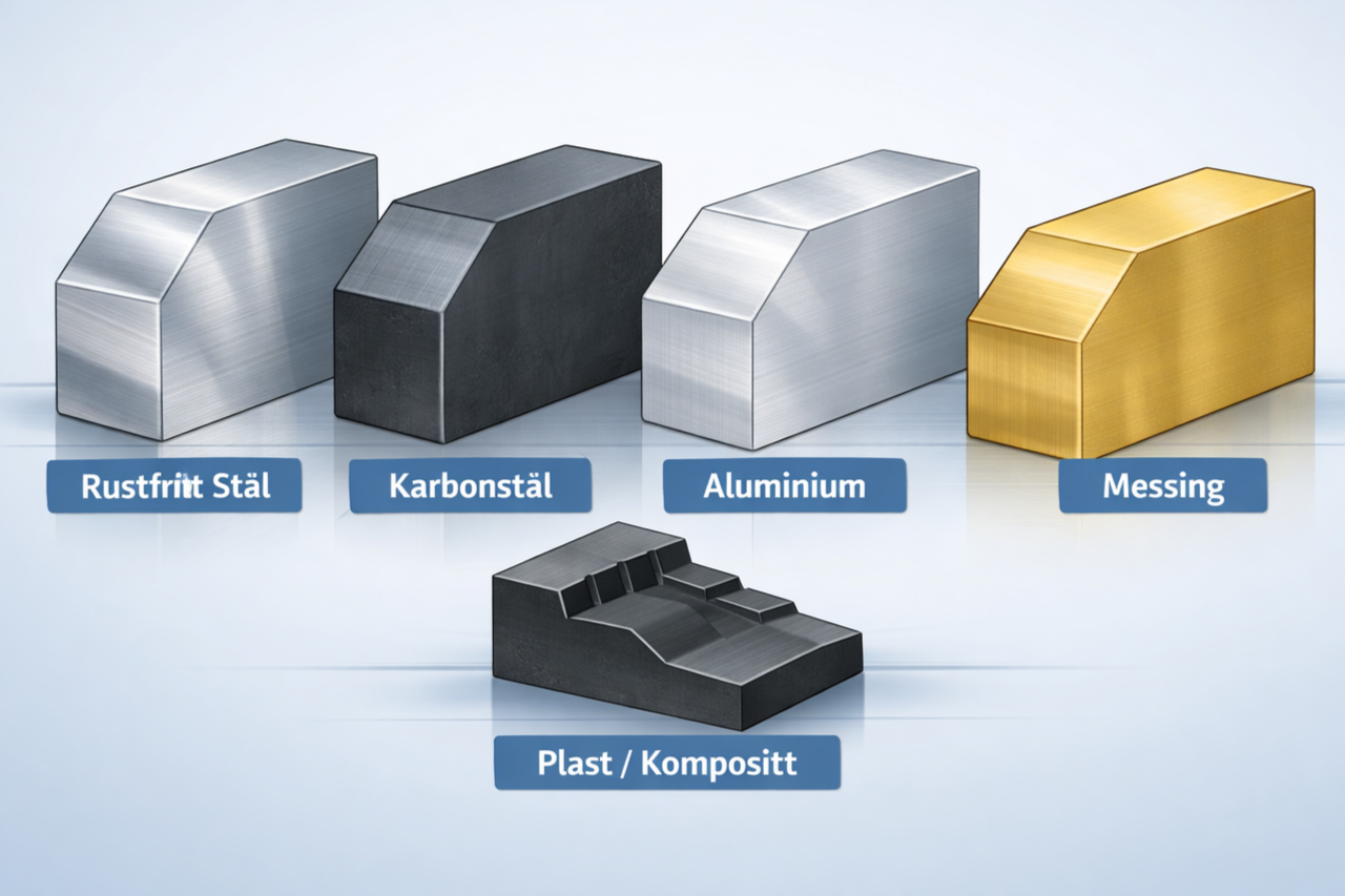 Bilde av fem ulike materialformer med etiketter: Rustfritt stål, Karbonstål, Aluminium, Messing og Plast/Kompositt.