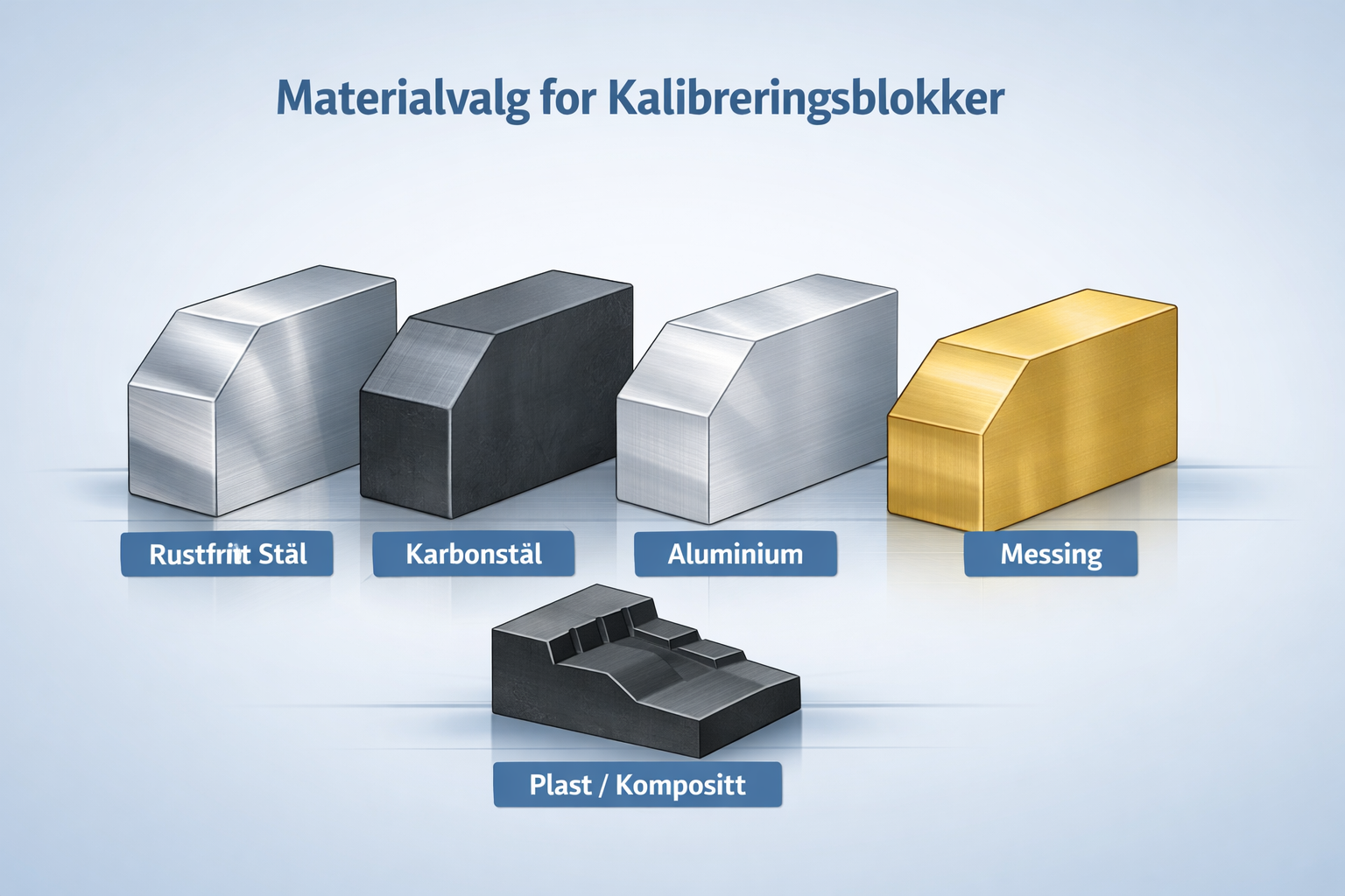 Bildet viser ulike typer materialer for kalibreringsblokker, inkludert rustfritt stål, karbonstål, aluminium, messing og plast/kompositt.