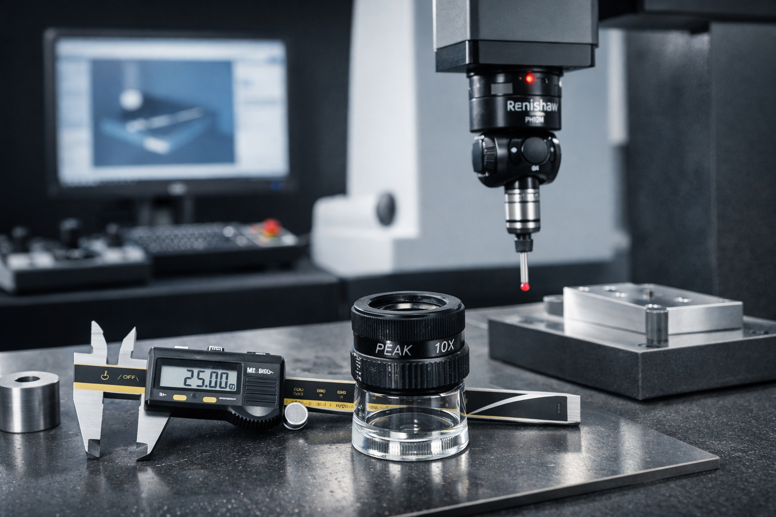 Digitalt skyvelære, målelupe og EDM‑maskin brukt som CMM for presisjonsmåling og kvalitetskontroll. Viser Stabil NDTs avanserte måleutstyr for dokumentert nøyaktighet og sporbarhet.