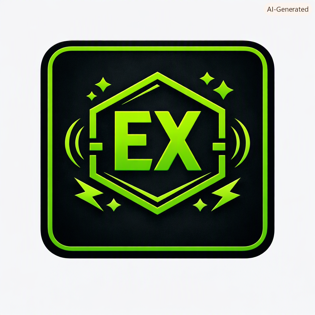 En digital grafikk med en svart bakgrunn, innrammet av en grønn kant, som viser ordet "EX" i grønt, omgitt av lyn, stjerner og vibrasjonslinjer.