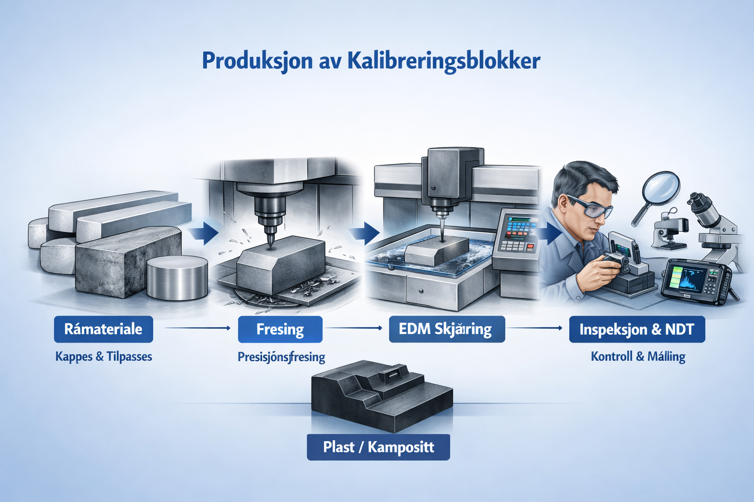 Diagram som viser produksjonsprosessen for kalibreringsblokker, fra råmateriale til inspeksjon og måling, inkludert fresing, EDM-skjæring, og forskning i laboratoriet.