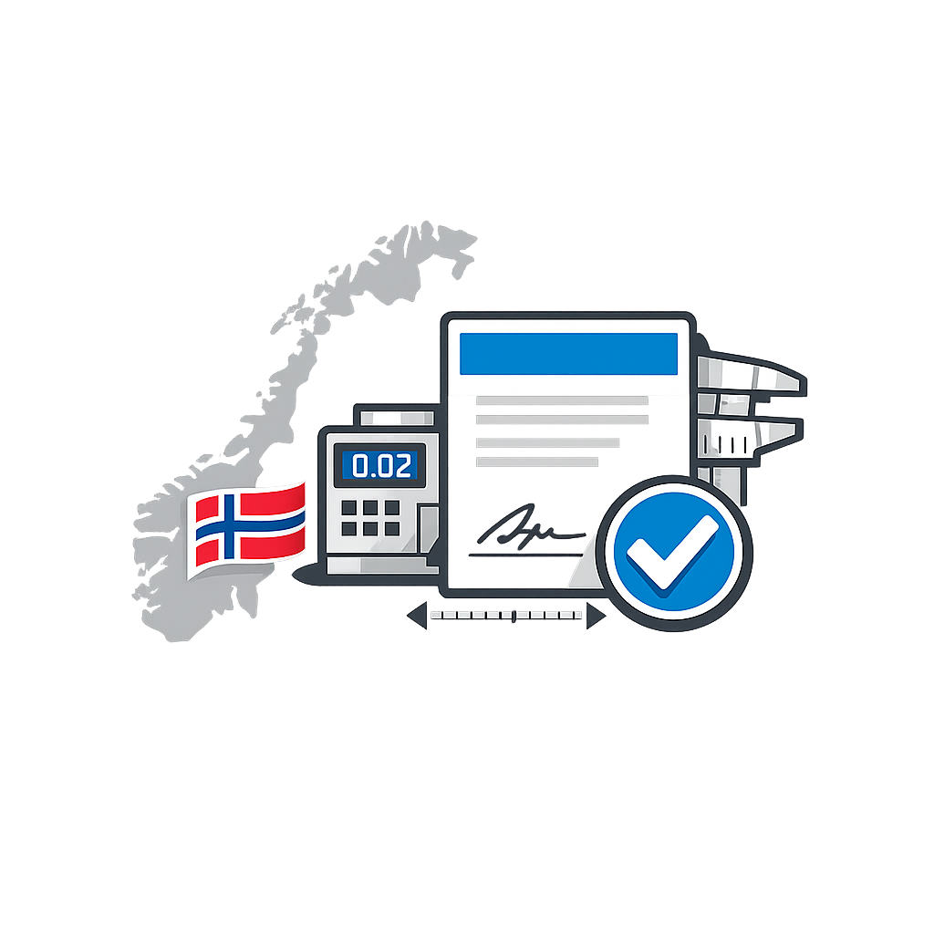 Ikon som viser et stilisert Norgeskart med norsk flagg og et dokument med målelinjer som symboliserer norsk produksjon og dokumentert kvalitet.
