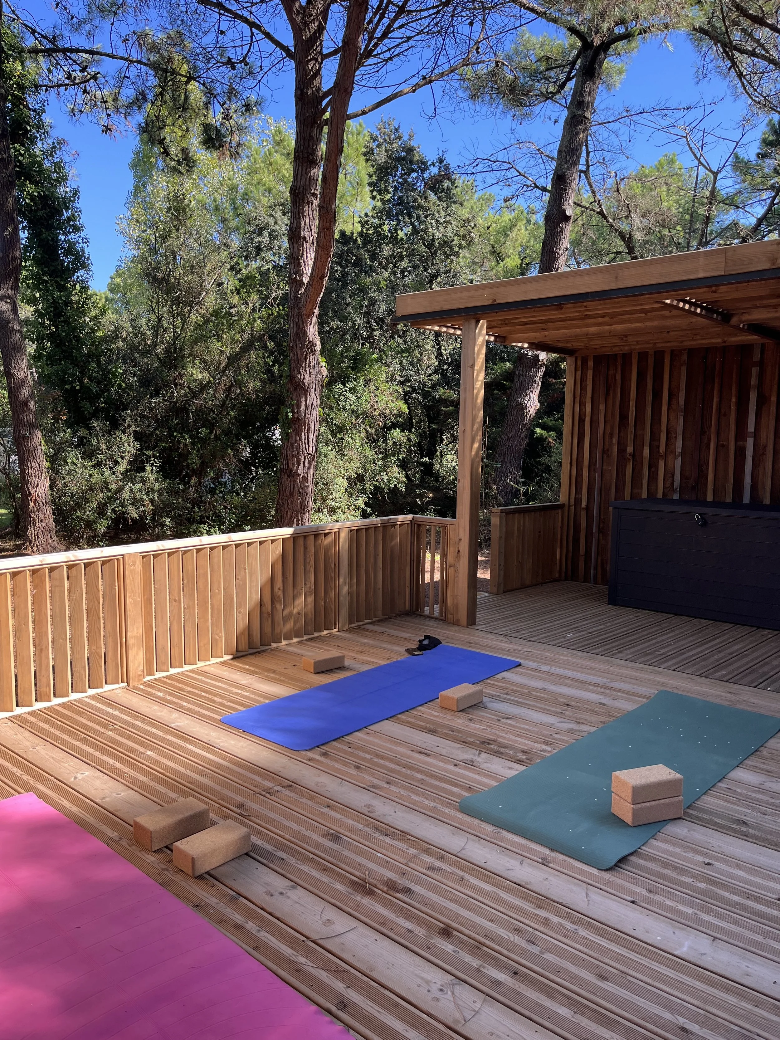 Une terrasse en bois avec plusieurs tapis de yoga et blocs de yoga, entourée d'une barrière en bois et des arbres dans un environnement naturel.