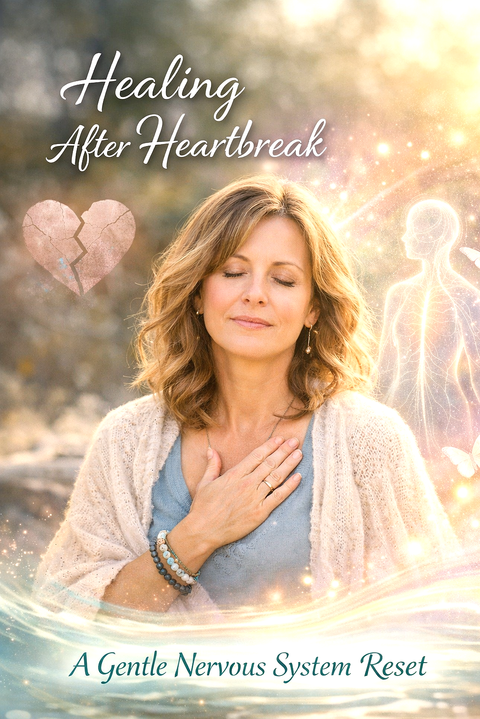 Book cover titled "Healing After Heartbreak: A Gentle Nervous System Reset" featuring a woman with eyes closed, hand on her chest, outdoors with a soft glowing background, a broken heart icon, and a glowing outline of a nervous system.