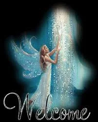 Fairy with blue wings reaching towards a glowing, snowy archway with the word 'Welcome' at the bottom.